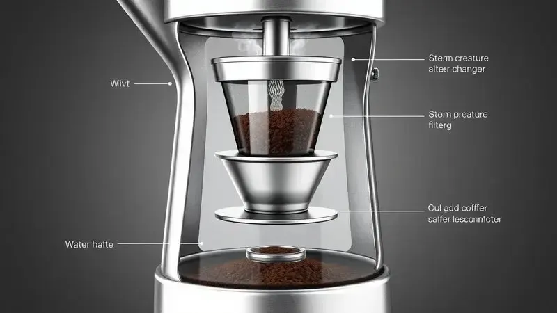 Diagrama ilustrativo mostrando o funcionamento interno de uma cafeteira italiana em corte transversal.