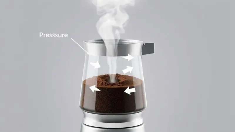 Diagrama ilustrativo em 3D mostrando o funcionamento por pressão de uma cafeteira italiana, com setas indicando fluxo do vapor.
