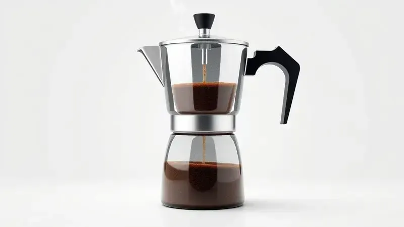 Diagrama em corte 3D mostrando o funcionamento interno de uma cafeteira italiana Moka durante a extração do café.