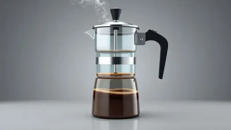 Ilustração 3D do funcionamento interno de uma cafeteira italiana Moka, mostrando processo de extração por pressão.