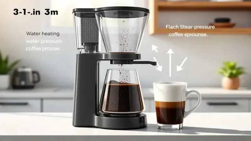 Ilustração conceitual do funcionamento de uma cafeteira italiana com pressão e extração de espresso