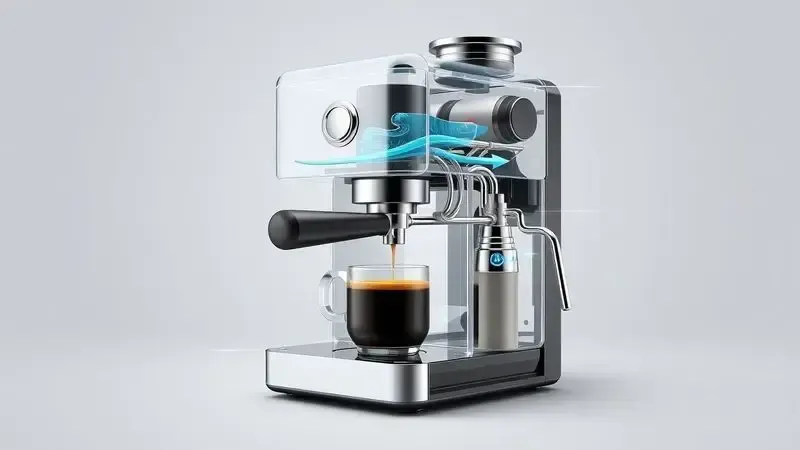 Ilustração conceitual do funcionamento interno de uma cafeteira de sachês mostrando processo de extração de café