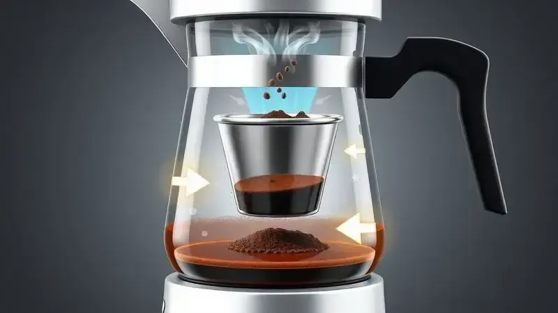 Diagrama ilustrativo mostrando funcionamento interno da cafeteira italiana com setas indicando pressão do vapor e fluxo do café