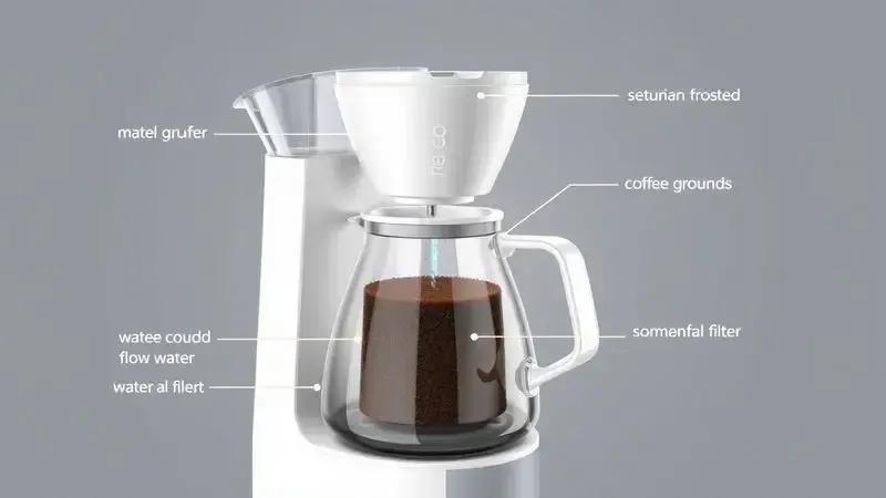 Ilustração em 3D mostrando o funcionamento interno de um filtro permanente em uma cafeteira.