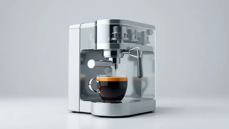 Ilustração conceitual do funcionamento interno de uma cafeteira automática de cápsulas