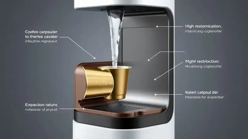 Ilustração conceitual do funcionamento interno de uma cafeteira de cápsulas.