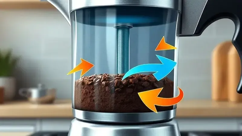 Diagrama ilustrativo do funcionamento interno de uma cafeteira italiana mostrando o processo de infusão por pressão.