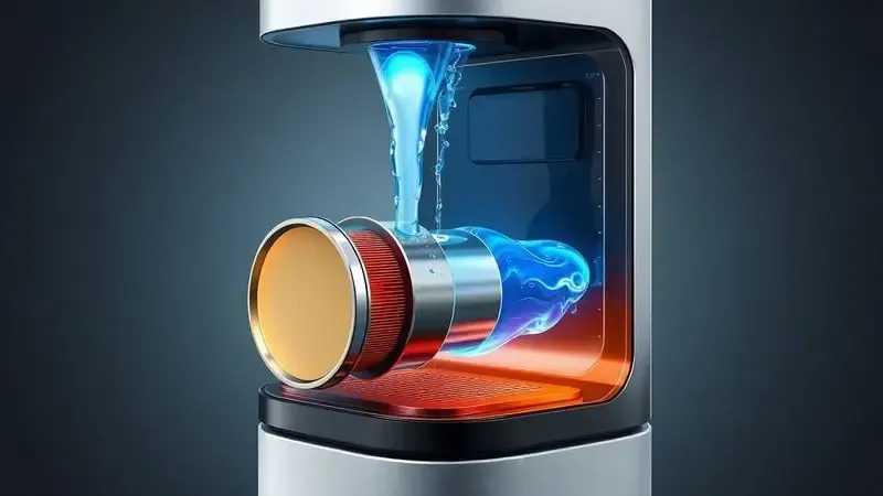 Render artístico mostrando o funcionamento interno conceitual de uma máquina de café por cápsulas.