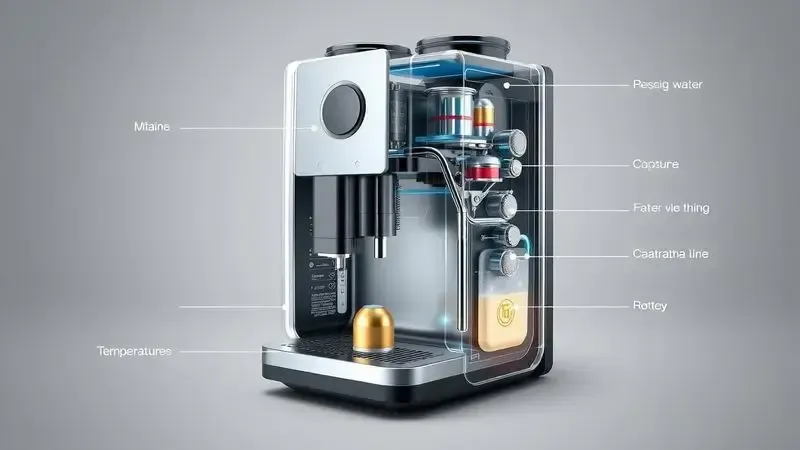 Diagrama ilustrativo do funcionamento interno de uma máquina de café automática com tecnologia avançada.