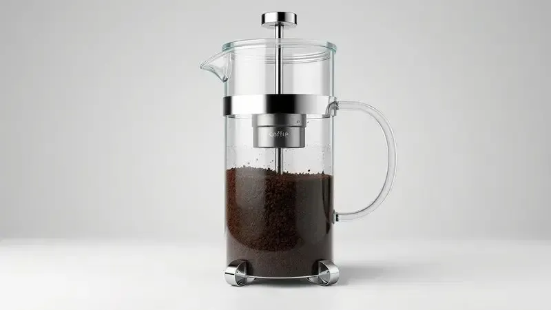 Diagrama ilustrativo do funcionamento interno de uma prensa francesa mostrando o processo de infusão do café.