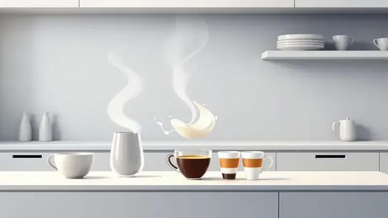 Ilustração conceitual do processo de preparo de bebidas com café e leite em uma cafeteira moderna