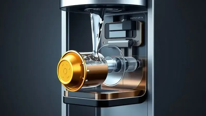 Ilustração conceitual do funcionamento interno de uma cafeteira de cápsula, mostrando processo de preparo do café.