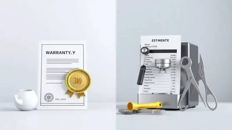 Contraste visual entre garantia oficial da fábrica e conserto fora da garantia para cafeteiras