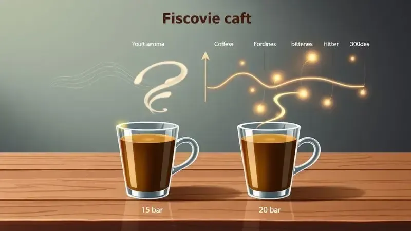 Gráfico conceitual ilustrando a diferença de amargor e intensidade entre café feito a 15 bar e 20 bar.