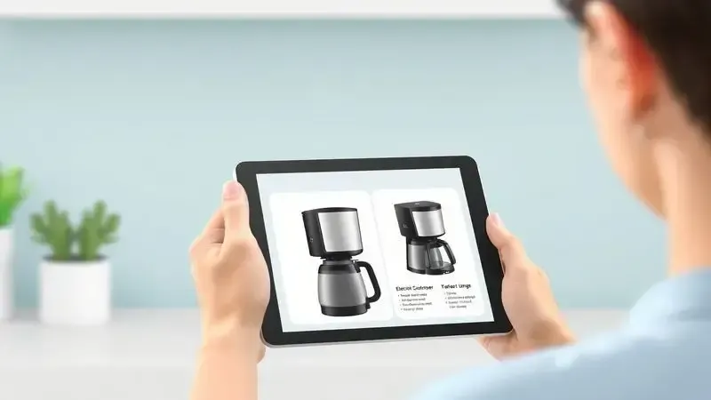 Conceito visual de pessoa comparando características de cafeteiras elétricas em um tablet para tomada de decisão de compra.