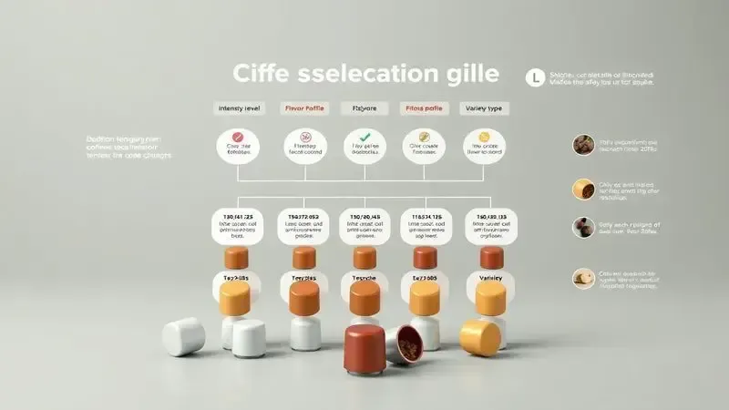 Guia visual conceitual para escolher cápsulas de café por intensidade, perfil de sabor e variedade de origem.