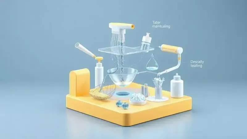 Guia conceitual de limpeza e descalcificação de cafeteiras elétricas com elementos visuais