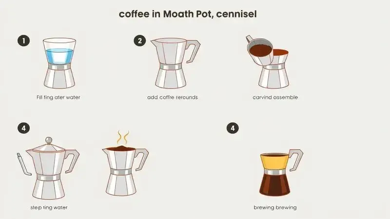 Guia visual passo a passo ilustrando como usar corretamente uma cafeteira italiana