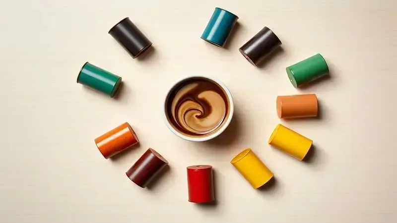 Composição artística de cápsulas de café coloridas e uma xícara com aromas representando diferentes torras e intensidades.