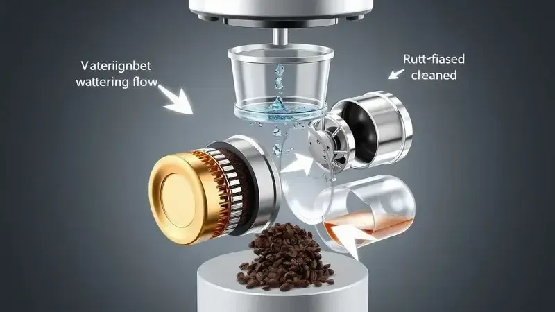 Ilustração conceitual do processo de higienização do conjunto de preparo de cafeteira, mostrando componentes e direção da limpeza