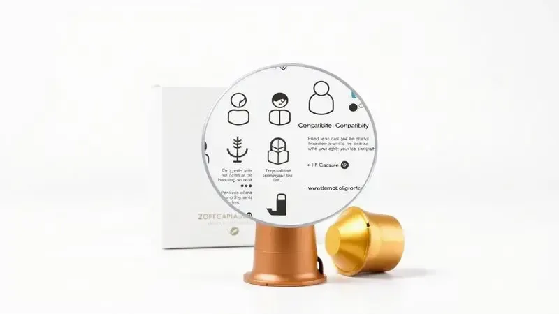 Ilustração de embalagem de cápsula de café com indicadores visuais de compatibilidade com Nespresso.