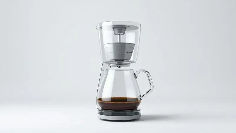 Ilustração 3D conceitual de cafeteira com vista em corte mostrando componentes internos