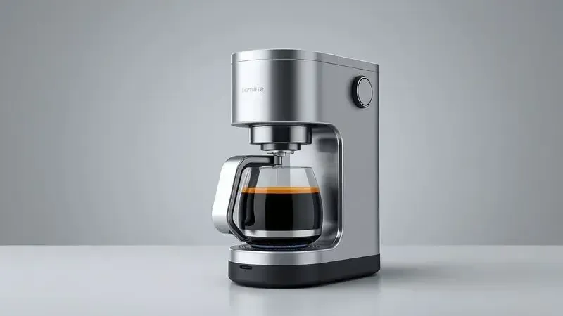 Ilustração conceitual de cafeteira elétrica moderna com visualização do processo de preparo.
