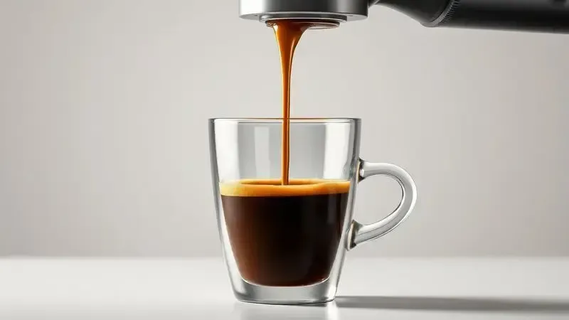 Ilustração conceitual de extração perfeita de espresso com crema dourada espessa escorrendo para xícara de vidro
