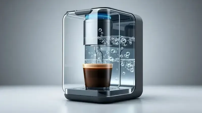 Ilustração técnica do interior de máquina de café mostrando bolhas de ar no sistema de água