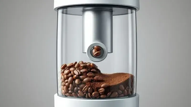 Ilustração conceitual de moedor de café integrado mostrando processo de moagem de grãos inteiros para pó de espresso fino