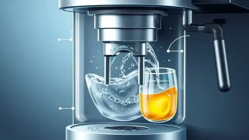 Ilustração conceitual do processo de limpeza e descalcificação de máquina de café com fluxo de água