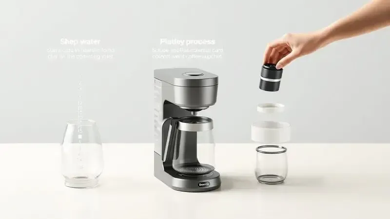 Ilustração conceitual do processo de preparação de cafeteira nova com água limpa e partes sendo montadas