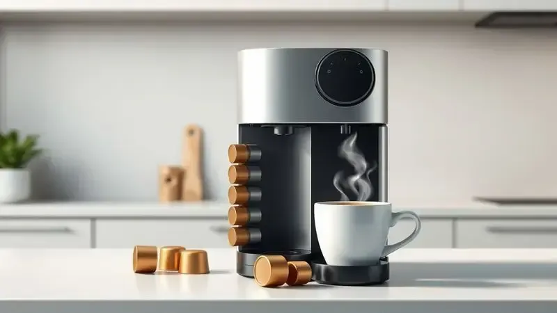 Ilustração artística de sistema de café por cápsulas moderno com representação abstrata de cápsulas e xícara fumegante