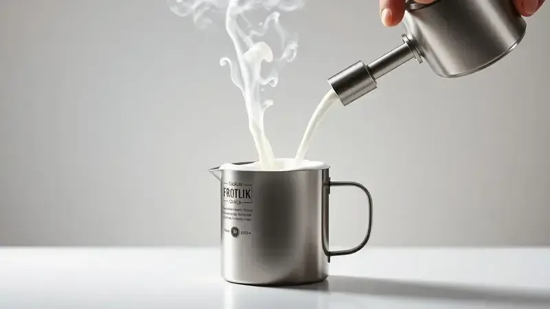 Ilustração conceitual de vaporizador de leite criando microespuma perfeita em jarra de aço inoxidável para cappuccino