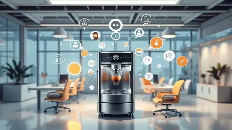 Render artístico mostrando impacto da escolha da cafeteira na produtividade da equipe no escritório.