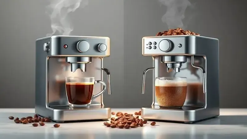 Comparação conceitual entre cafeteira limpa produzindo café saboroso e máquina suja com café de má qualidade.