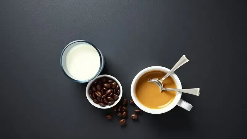 Conceito visual dos ingredientes essenciais para um cappuccino perfeito: café em grão e leite fresco.