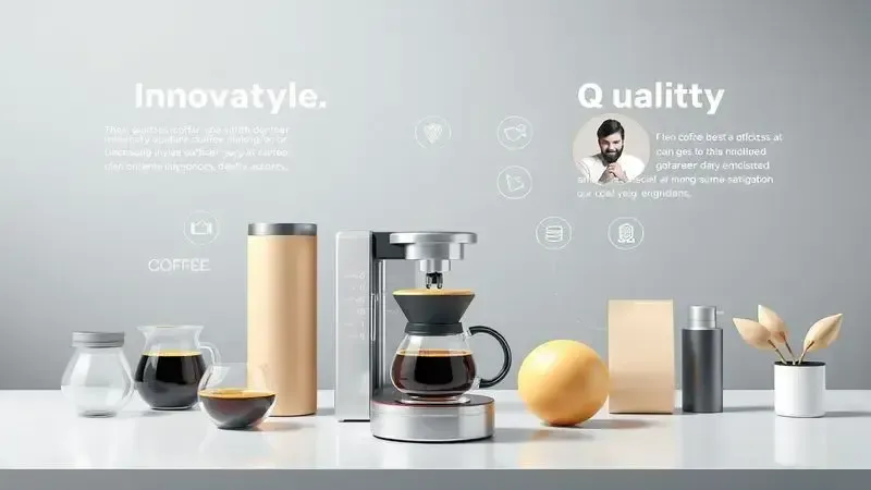 Cena conceitual abstrata representando inovação tecnológica e qualidade no preparo de café, com elementos modernos e design limpo