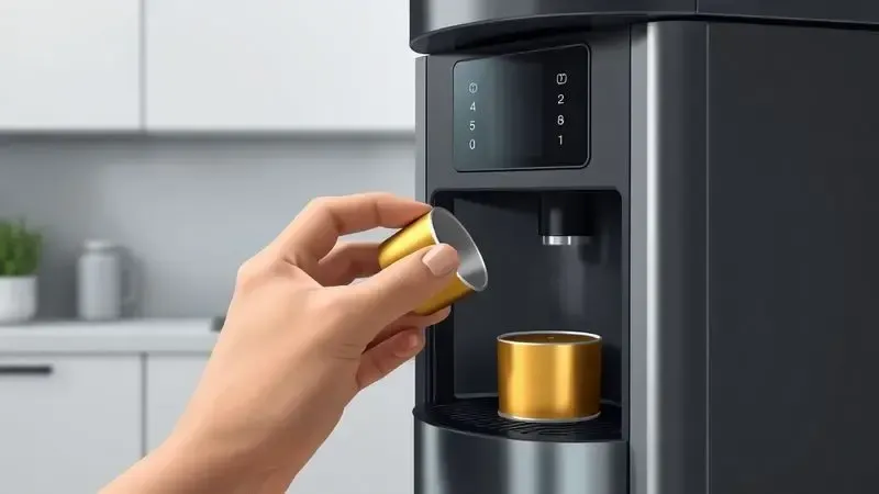 Ilustração realista mostrando como inserir cápsula de café na máquina de cápsulas em ambiente de cozinha moderna
