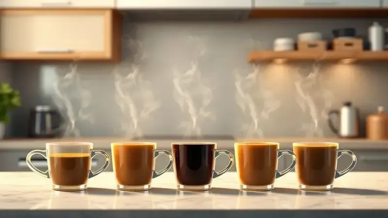 Xícaras de café com diferentes intensidades de bebida, do claro ao escuro, mostrando níveis de preparo