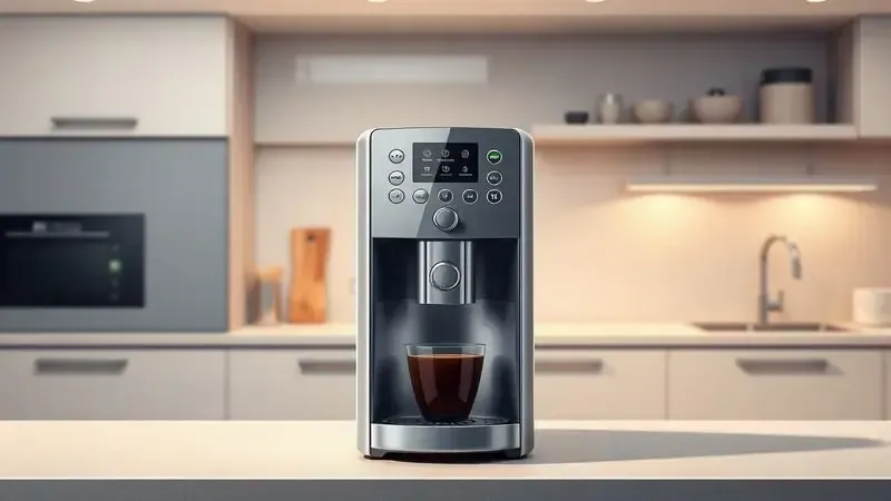 Interface moderna de cafeteira com botões multifuncionais em cena de cozinha conceitual