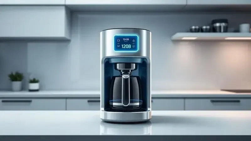 Interface digital de cafeteira programável com tela touchscreen iluminada e configurações personalizáveis