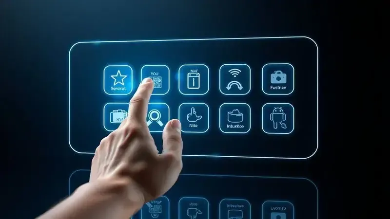Ilustração conceitual 3D de interface holográfica intuitiva sendo tocada por um dedo, simbolizando facilidade de uso e programação.