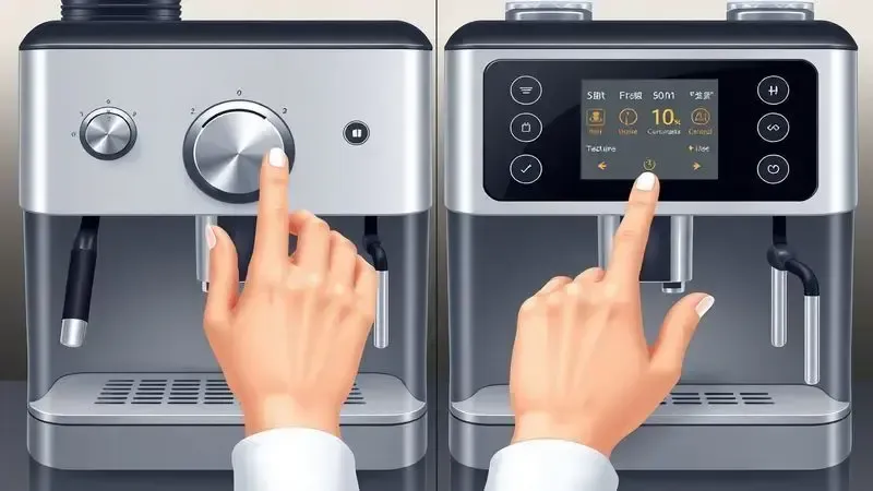 Ilustração conceitual comparando interfaces de controle em cafeteiras: rodinha manual versus painel touch.