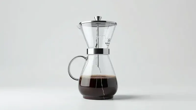 Ilustração conceitual de jarra de cafeteira rachada simbolizando fragilidade e necessidade de troca.
