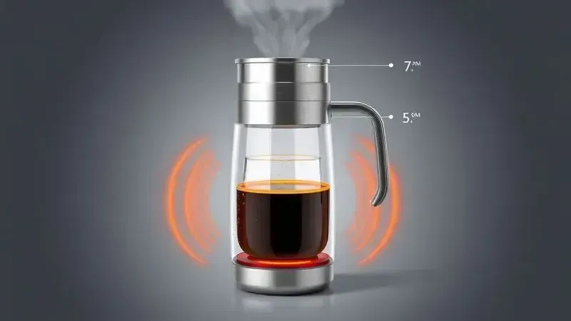 Ilustração conceitual de jarra térmica de aço inox com isolamento térmico retendo calor por horas.