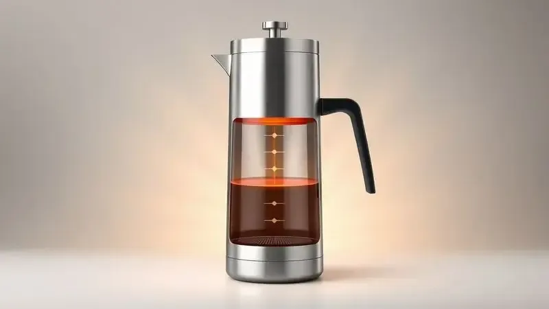 Visão ilustrativa de uma jarra térmica de inox mostrando isolamento interno e retenção de calor.