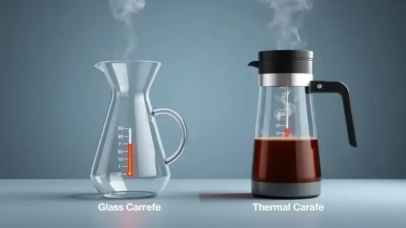 Comparação visual entre jarra de vidro e jarra térmica para cafeteira elétrica com indicadores de temperatura