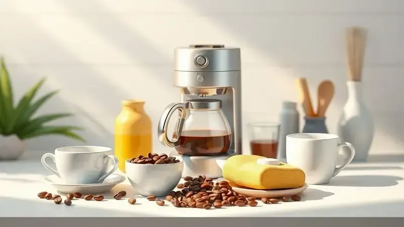 Conjunto completo para café da manhã com cafeteira, grãos, xícaras e acessórios organizados