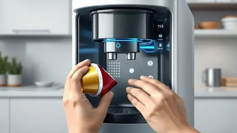 Processo de limpeza conceitual de cafeteira de cápsula sem mostrar marcas específicas